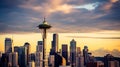 Seattle Skyline with Space Needle at Sunset with Dramatic Clouds city Royalty Free Stock Photo