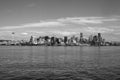 Seattle skyline during summer. View from Elliott Bay. Space Needle. Washington state. Black and white