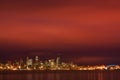 Seattle skyline under fiery dawn sky