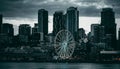 Seattle skyline with waterfront buildings and a Ferris wheel