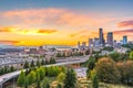 Seattle skylines and Interstate freeways converge with Elliott Bay and the waterfront background of in sunset time, Seattle, Washi