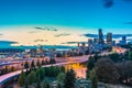 Seattle skylines and Interstate freeways converge with Elliott Bay and the waterfront background of in sunset time, Seattle, Washi