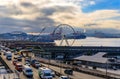 Seattle waterfront with Great Wheel and the Puget Sound on a cloudy day Royalty Free Stock Photo