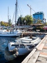 Boats on the shores of Lake Union in South Lake Union neighborhood with new construction underway Royalty Free Stock Photo