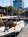 Boats on the shores of Lake Union in South Lake Union neighborhood with new construction underway Royalty Free Stock Photo