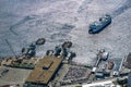 SEATTLE, WA - MAY 31, 2018: Aerial view of a Washington state ferry boat arriving at the Seattle ferry terminal 801, located on