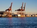 Cargo cranes at the port of Seattle at sunset with Mount Rainier on the background