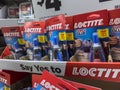 Seattle, WA USA - circa August 2022: Close up view of Loctite brand super glue for sale inside a home improvement store