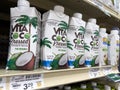 Seattle, WA USA - circa February 2023: Close up view of coconut water for sale inside a grocery store