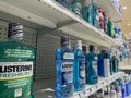 Seattle, WA USA - circa May 2022: Angled, selective focus on a selection of Listerine mouthwash for sale inside a Rite Aid