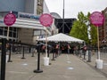 Seattle, WA USA - circa May 2021: View of separated lines for people to queue up for health screenings before getting the covid 19