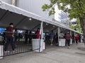 Seattle, WA USA - circa May 2021: View of separated lines for people to queue up for health screenings before getting the covid 19