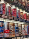 Close up, selective focus on old vintage beer cans inside a display case at the Taproom