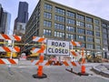 Construction and road work signs in downtown Seattle, around Alaskan Way and Columbia