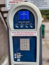 Selective focus on a public parking payment meter as it displays a `thank you` message Royalty Free Stock Photo