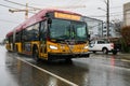 King County Metro RapidRide bus to Downtown Seattle on wet street