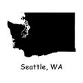 Seattle on Washington State Map. Detailed WA State Map with Location Pin on Seattle City. Black silhouette vector map isolated on