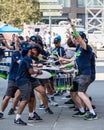 Seattle, Washington - 8/9/2018 : The Blue Thunder drumline in front of CenturyLink Field before a Seattle Seahawks football game