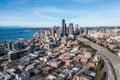 Aerial view of Seattle Downtown with modern skyscrapers, Highway No. 5 Royalty Free Stock Photo