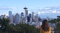 SEATTLE, WASHINGTON STATE, UNITED STATES - OCTOBER 10, 2014: Skyline panorama view from Kerry Park during the day, woman Royalty Free Stock Photo