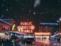 Seattle, Washington, United States of America - Pike Place Market on a snowy night.