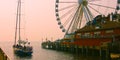Seattle, Washington, United States usa  janvier ,10, 2019  Seattle waterfront stilt house restaurant with the Great Ferris Wheel Royalty Free Stock Photo