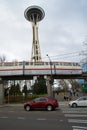 SEATTLE, WASHINGTON, USA - JAN 24th, 2017: Experience Music Project EMP and Seattle monorail running through with the Royalty Free Stock Photo