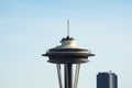 SEATTLE, WASHINGTON, USA - JAN 24th, 2017: Space Needle closeup of the top against cloudy sky as viewed from Kerry Park Royalty Free Stock Photo