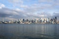 SEATTLE, WASHINGTON, USA - JAN 25th, 2017: A view on Seattle downtown from the waters of Puget Sound. Piers, skyscrapers Royalty Free Stock Photo