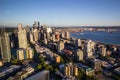 Seattle downtown skyline and Mount Rainier during summer sunset. View from Seattle needle. Royalty Free Stock Photo