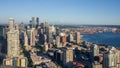 Downtown skyline and Mount Rainier during summer sunset. View from Seattle needle. Royalty Free Stock Photo