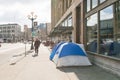 Seattle, Washington, USA. March 2020. Homeless tents on a city street, in downtown