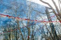 Seattle, Washington, USA. March 2020. Red rope with wooden signs on Pioneer Square