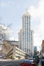 Seattle, Washington, USA. March 2020. Smith Tower on a clear Sunny day and Parking lot Sinking ship