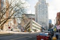 Seattle, Washington, USA. March 2020. Smith Tower on a clear Sunny day and Parking lot Sinking ship Royalty Free Stock Photo