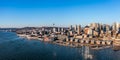 aerial view of Seattle Downtown and the Waterfront pier area with the cruise ship terminal and the Space Needle Tower Royalty Free Stock Photo