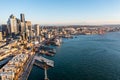 Aerial view of Seattle Downtown and the Waterfront pier area with The Seattle Great Wheel and Harbour Island Royalty Free Stock Photo