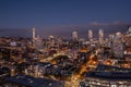 Night aerial view of illuminated Seattle Downtown and the Waterfront pier area with famous Space Needle Royalty Free Stock Photo