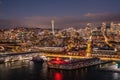 Night aerial view of illuminated Seattle Downtown and the Waterfront pier area with famous Space Needle Royalty Free Stock Photo