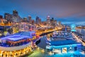 Seattle, Washington, USA pier and skyline at dusk Royalty Free Stock Photo