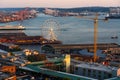 Aerial view of Seattle Waterfront pier area with The Seattle Great Wheel during sunset Royalty Free Stock Photo