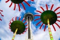 Seattle Washington view of landmark Space Needle and Chihuly Garden Glass