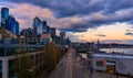 Seattle waterfront skyline and the Puget Sound at sunset in Seattle, Washington Royalty Free Stock Photo