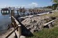 Seawall breakwall construction strengthening work on large body of water