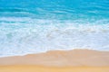 Seawater waves splash on sandy beach in summer day, wallpaper and background concept.