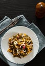 Seaweed Chuka sea kale salad with corn , crab sticks, eggs, onion on white plate Royalty Free Stock Photo