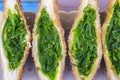 Seaweed salad sandwich for sell at street food market in Thailand . Tasty green seaweed salad sandwich close up Royalty Free Stock Photo