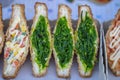 Seaweed salad sandwich for sell at street food market in Thailand . Tasty green seaweed salad sandwich close up Royalty Free Stock Photo