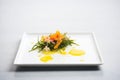 seaweed salad on a square plate, minimalist style, clean lines