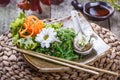 Seaweed Salad wakame in plate with chopsticks on bamboo mat Royalty Free Stock Photo